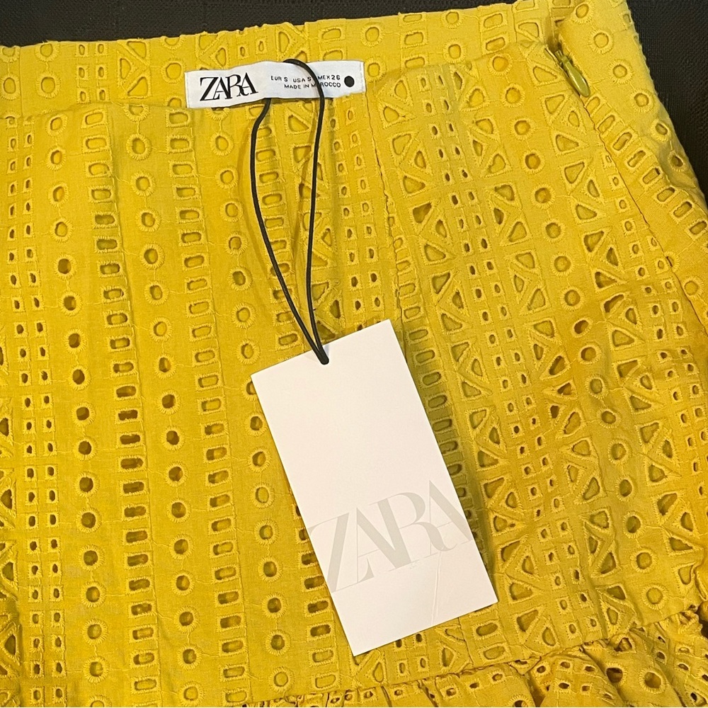 ZARA Yellow Ruffle Skirt High Waist Cut Out Embroidered Summer Size S - Picture 7 of 12